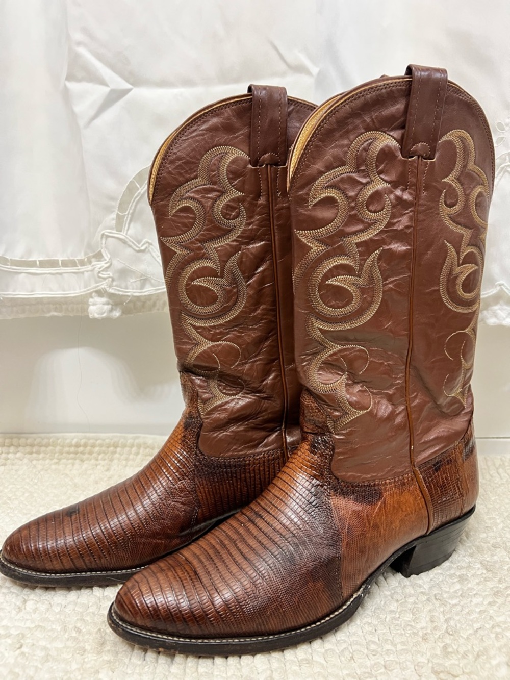 Nocona VTG Brown Lizard Western Cowboy Boots Men’s 10D Leather Embroidered USA